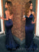Mermaid Navy Blue Satin Spaghetti Straps Long V-neck Evening Prom Dresses, Cheap Custom Prom Dresses, MR8054
