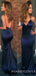 Mermaid Navy Blue Satin Spaghetti Straps Long V-neck Evening Prom Dresses, Cheap Custom Prom Dresses, MR8054