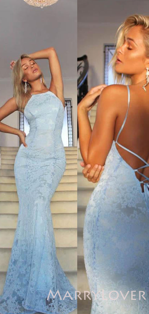 Mermaid Sky Blue Lace Spaghetti Straps Long Backless Evening Prom Dresses, MR8056