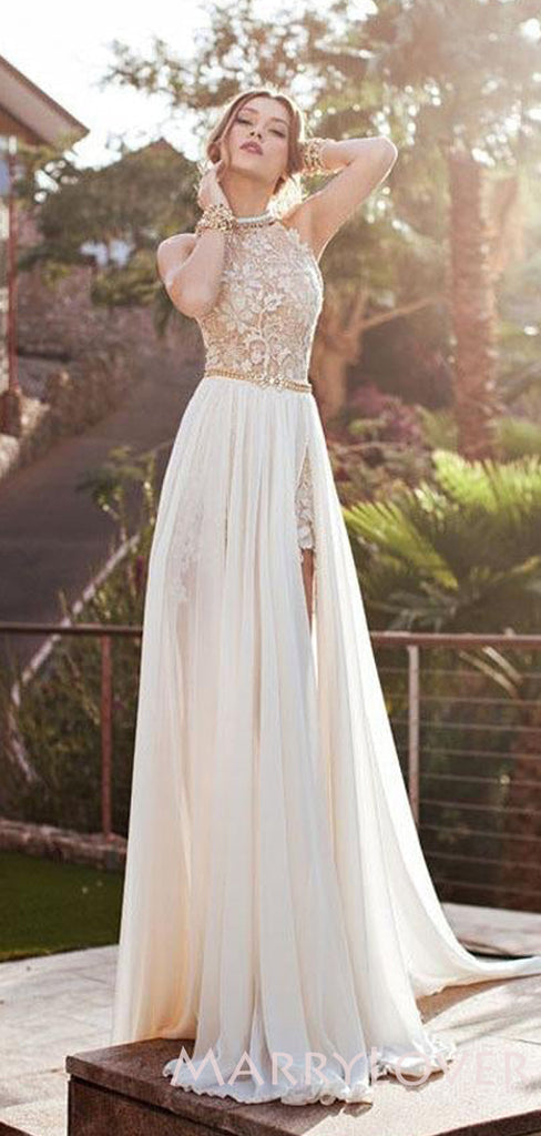 A-line White Chiffon Halter High Slit Long Prom Dresses, wedding Dresses, MR8057