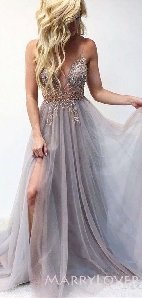 A-line See Through Tulle Beaded Long Spaghetti Straps Evening Prom Dresses, MR8058