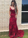 Spaghetti Straps Burgundy Lace Mermaid Long Backless Evening Prom Dresses, MR8060