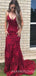 Spaghetti Straps Burgundy Lace Mermaid Long Backless Evening Prom Dresses, MR8060
