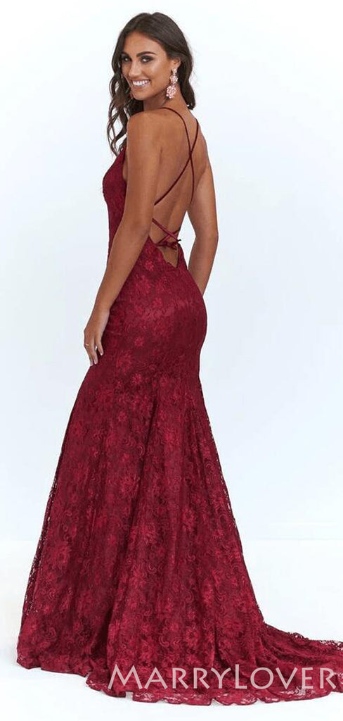 Spaghetti Straps Burgundy Lace Mermaid Long Backless Evening Prom Dresses, MR8060