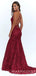 Spaghetti Straps Burgundy Lace Mermaid Long Backless Evening Prom Dresses, MR8060