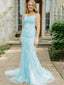 Blue Tulle Appliques Spaghetti Straps Lace Long Mermaid Evening Prom Dresses, MR8063