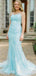 Blue Tulle Appliques Spaghetti Straps Lace Long Mermaid Evening Prom Dresses, MR8063