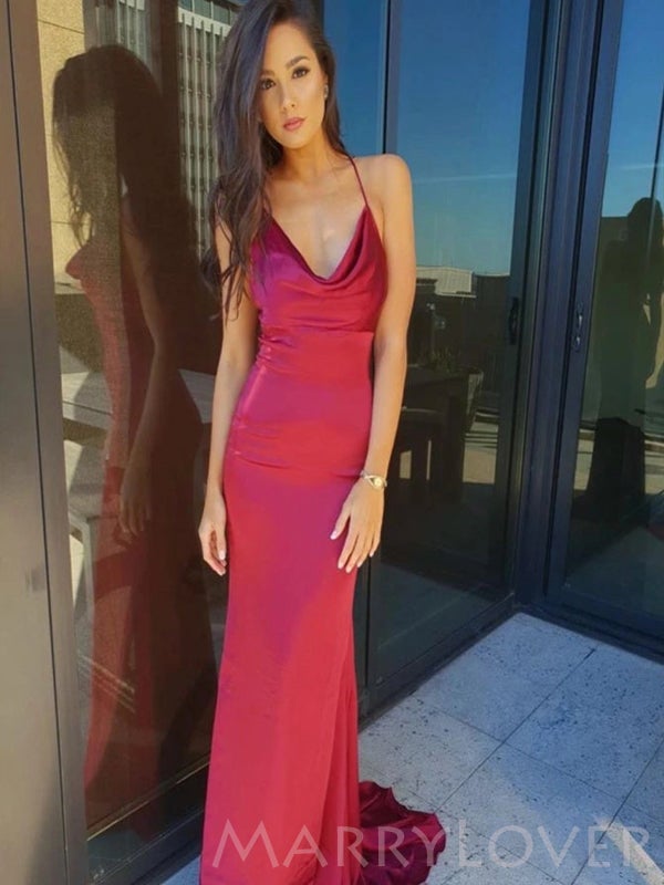 Mermaid Burgundy Satin Spaghetti Straps Long Cowl Neck Evening Prom Dresses, Cheap Custom Prom Dresses, MR8066