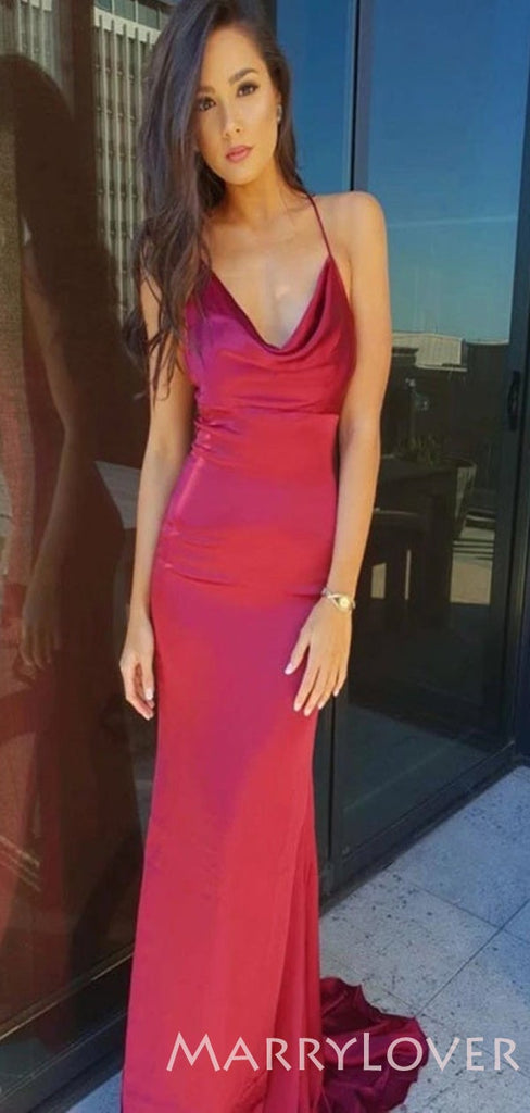 Mermaid Burgundy Satin Spaghetti Straps Long Cowl Neck Evening Prom Dresses, Cheap Custom Prom Dresses, MR8066