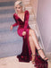 Long Sleeves Deep V-neck Burgundy Velvet Long Evening Prom Dresses, MR8078