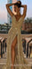 A-line Gold Sequin Spaghetti Straps Long High Slit Evening Prom Dresses, Cheap Custom Prom Dresses, MR8082