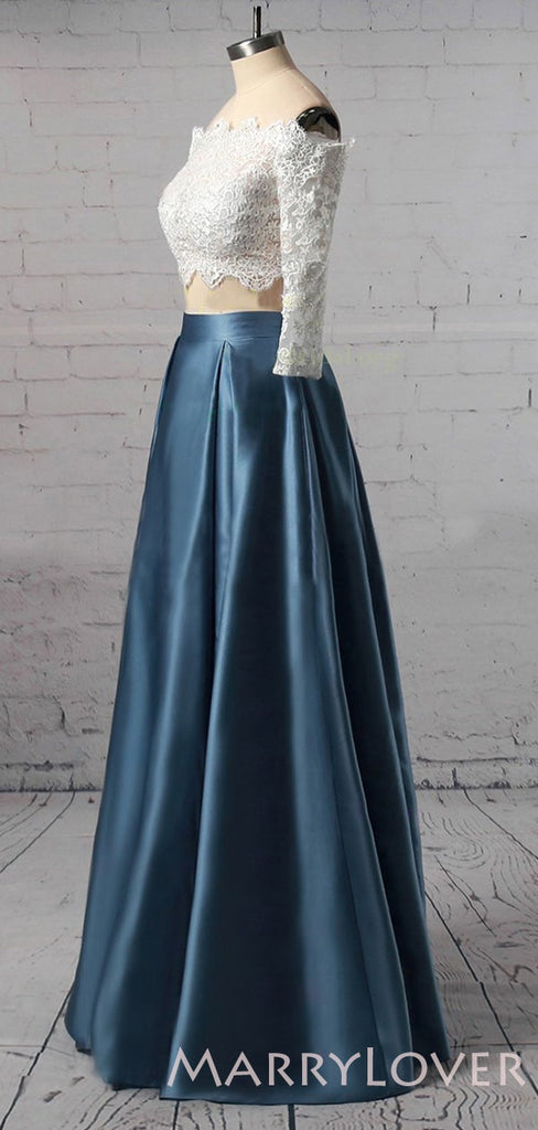 Off Shoulder A-line Satin Lace Long Two Pieces Evening Prom Dresses With Pocket , MR8084