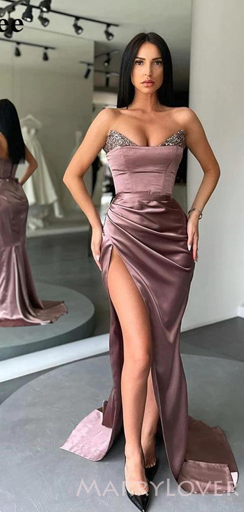 Mermaid Strapless Dusty Purple Satin Beaded Long Evening Prom Dresses, MR8089