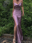 Sheath Purple Satin Spaghetti Straps Long Cowl Neck Evening Prom Dresses, MR8091