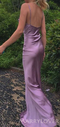 Sheath Purple Satin Spaghetti Straps Long Cowl Neck Evening Prom Dresses, MR8091
