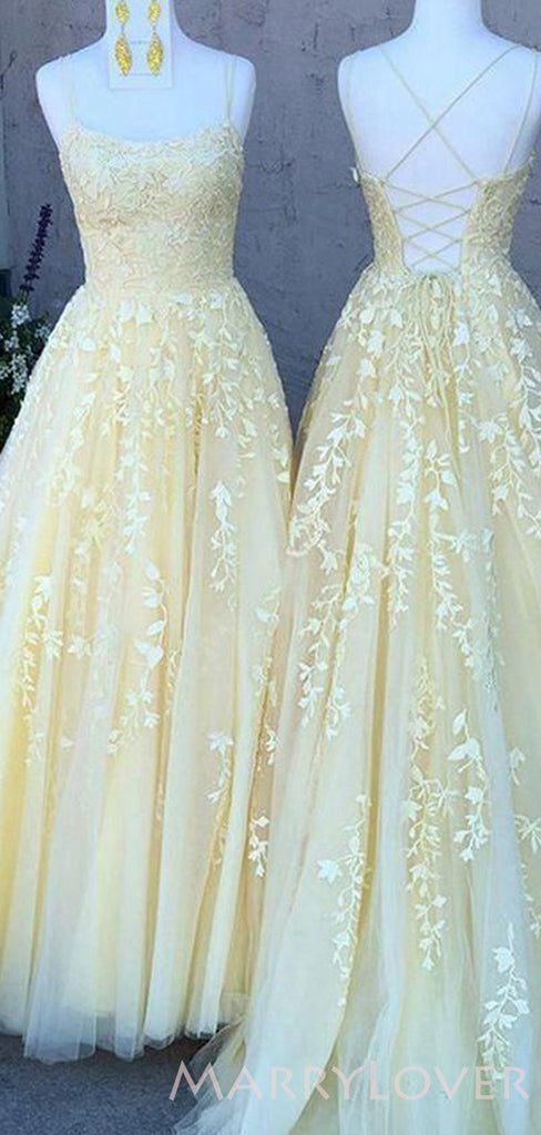 A-line Pink Tulle Appliques Spaghetti Straps Long Evening Prom Dresses, MR8092