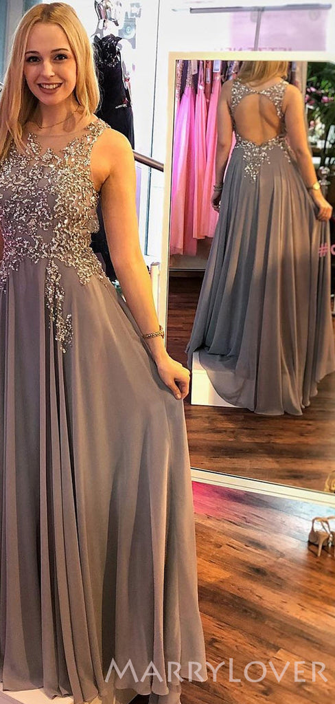 A-line Chiffon Long Beaded Evening Prom Dresses, MR8096