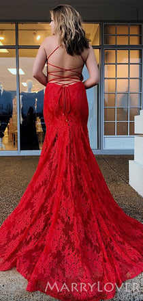 Deep V-neck Red Lace Spaghetti Straps Long Mermaid Evening Prom Dresses, MR8099