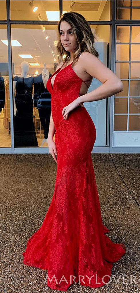 Deep V-neck Red Lace Spaghetti Straps Long Mermaid Evening Prom Dresses, MR8099