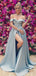 Off Shoulder Sky Blue Satin Side Slit Long A-line Evening Prom Dresses, MR8104