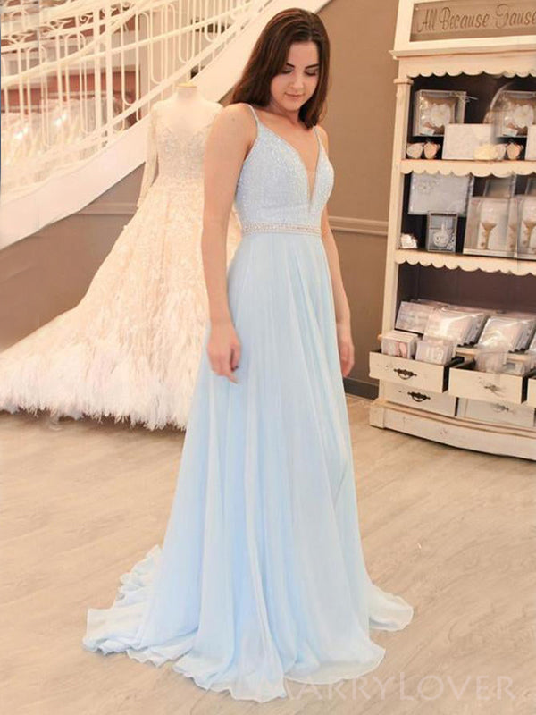 A-line Sky Blue Chiffon Beaded Long Evening Prom Dresses, MR8107