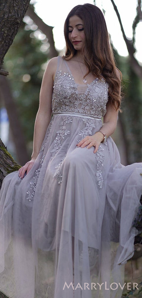 A-line Grey Tulle Appliques V-neck Long Evening Prom Dresses, MR8108