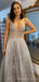 Grey Sequin Sparkly A-line V-neck Long Evening Prom Dresses, MR8109