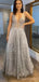 Grey Sequin Sparkly A-line V-neck Long Evening Prom Dresses, MR8109