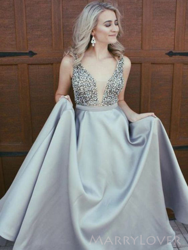 Deep V-neck Grey Satin Beaded Long A-line Evening Prom Dresses, MR8112