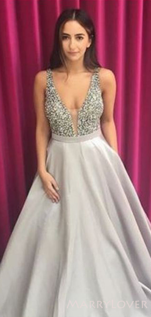 Deep V-neck Grey Satin Beaded Long A-line Evening Prom Dresses, MR8112