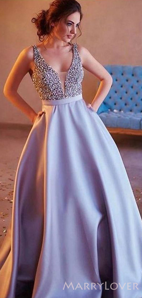 Deep V-neck Grey Satin Beaded Long A-line Evening Prom Dresses, MR8112