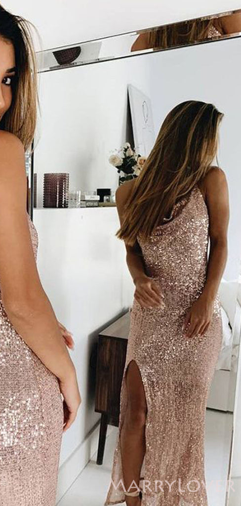 Spaghetti Straps Rose Gold Cowl Neck Long Evening Prom Dresses, Cheap Custom Prom Dresses, MR8115