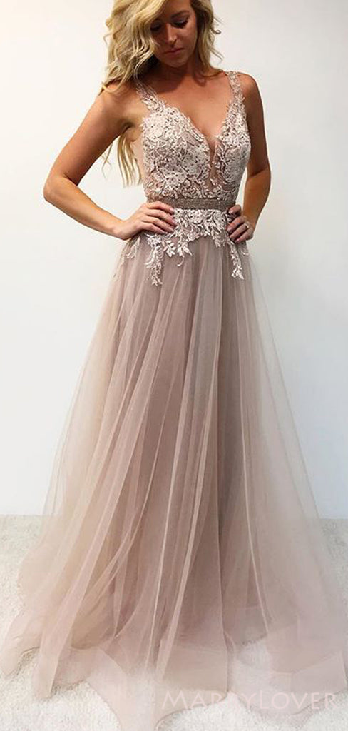 A-line Tulle Appliques Long V-neck Evening Prom Dresses, MR8119