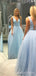 Deep V-neck Sky Blue Sequin Sparkly Long A-line Evening Prom Dresses, MR8121