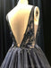 Deep V-neck Black Organza Appliques Beaded Long A-line Evening Prom Dresses, MR8126