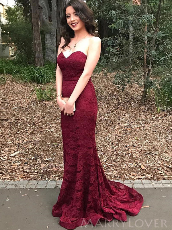 Burgundy Lace Strapless Long Mermaid Evening Prom Dresses, MR8128