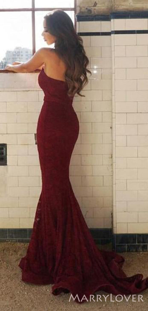 Burgundy Lace Strapless Long Mermaid Evening Prom Dresses, MR8128