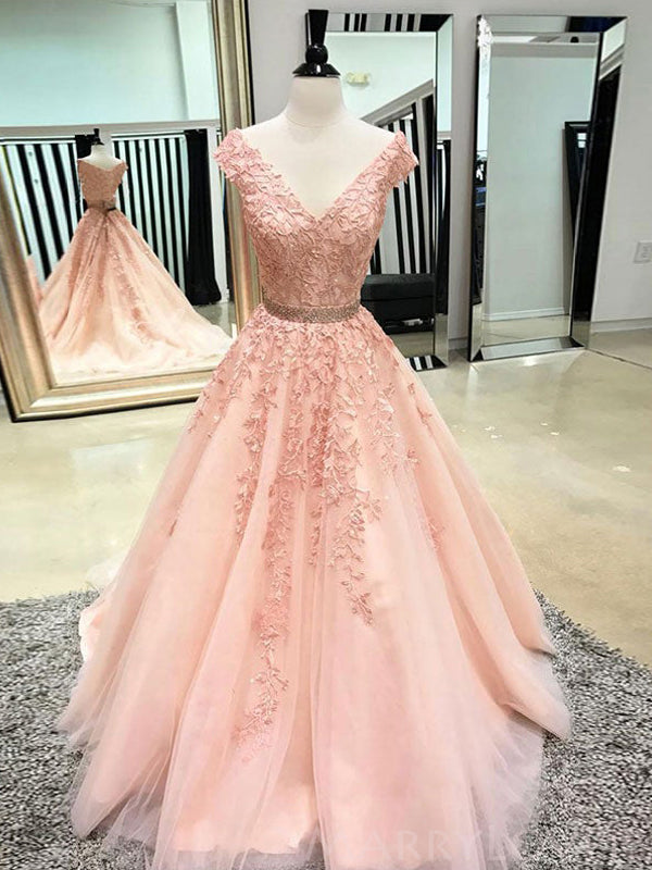A-line Pink Tulle Appliques V-neck Long Scoop Evening Prom Dresses, MR8129