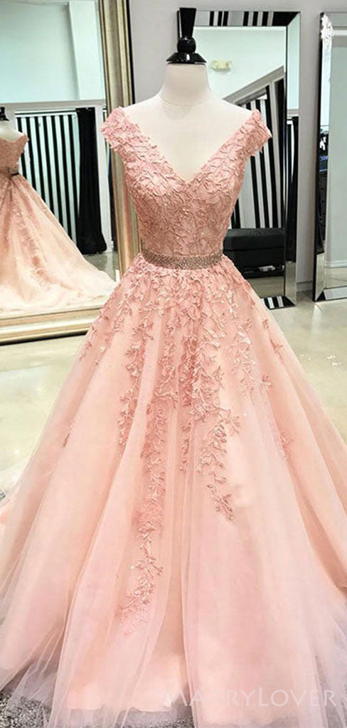 A-line Pink Tulle Appliques V-neck Long Scoop Evening Prom Dresses, MR8129