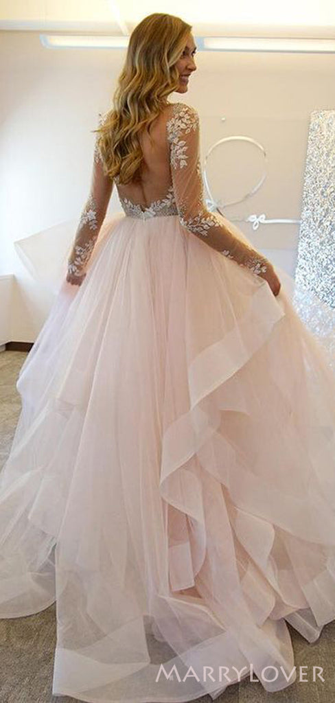Long Sleeves A-line Pink Tulle Appliques Long Scoop Evening Prom Dresses, MR8130