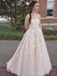 Champagne Tulle Appliques A-line Strapless Long Evening Prom Dresses, MR8133