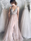 V-neck Tulle Appliques Beaded Long A-line Evening Prom Dresses, MR8136