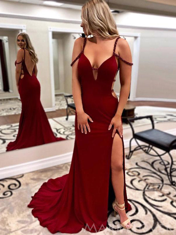 Sexy Backless Burgundy Satin Long Mermaid Evening Prom Dresses, MR8142