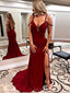 Sexy Backless Burgundy Satin Long Mermaid Evening Prom Dresses, MR8142