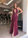 Burgundy Chiffon Beaded Halter Long Mermaid Evening Prom Dresses, Cheap Custom Prom Dresses, MR8152