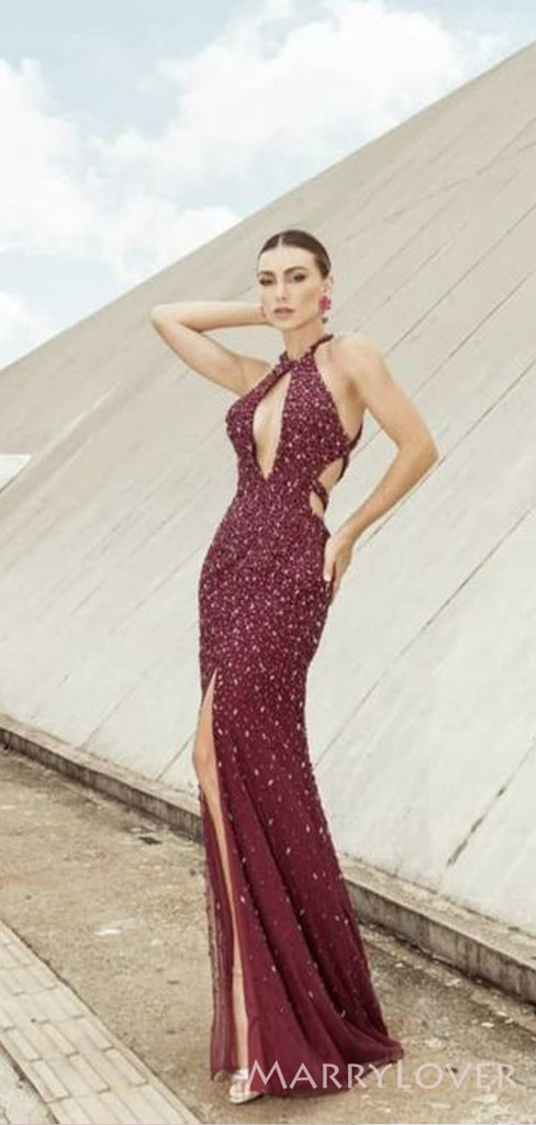 Burgundy Chiffon Beaded Halter Long Mermaid Evening Prom Dresses, Cheap Custom Prom Dresses, MR8152