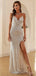 Spaghetti Straps Silver Sequin V-neck Long Mermaid Evening Prom Dresses, Cheap Custom Prom Dresses, MR8153