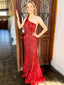 One Shoulder Red Sequin Mermaid Long Evening Prom Dresses, Cheap Custom Prom Dresses, MR8160