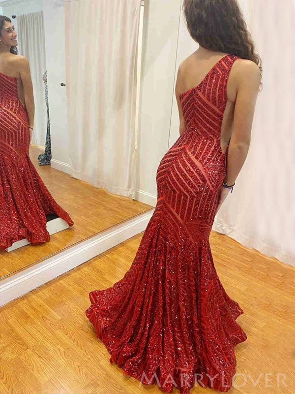 One Shoulder Red Sequin Mermaid Long Evening Prom Dresses, Cheap Custom Prom Dresses, MR8160