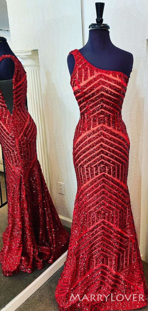 One Shoulder Red Sequin Mermaid Long Evening Prom Dresses, Cheap Custom Prom Dresses, MR8160